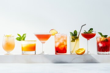 Vibrant assortment of summer cocktails featuring fresh garnishes, perfect for refreshing drinks menu or beverage advertisement.