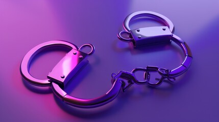 A close-up view of shiny handcuffs on a smooth surface. The colorful lighting adds a modern touch. Perfect for themes of law, justice or crime. Explore the intrigue. AI