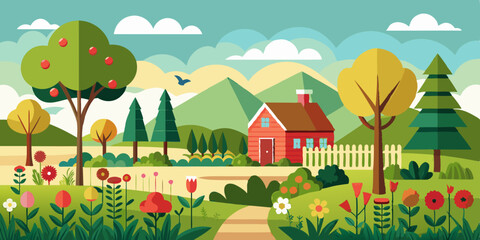 Fototapeta premium Horizontal spring landscape with fence, tulips, roses, blooming trees and bushes, hills, birds and house. Rural illustration with summer garden in cartoon flat style for banners, backgrounds, advertis