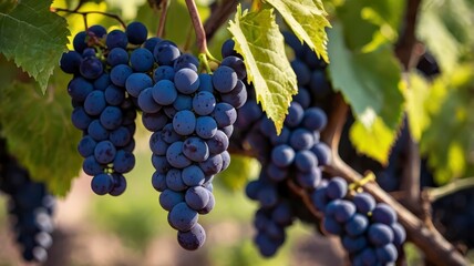 Branch of blue wine grapes, blurred backdrop