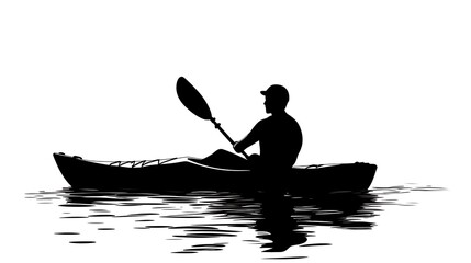 Serene Kayaking Silhouette on Lake - Minimalistic Vector Art in High Contrast Black and White