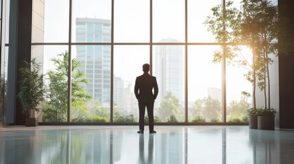 Fototapeta premium A man in a suit stands in front of a window looking out at the city