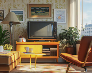 Retro living room interior with vintage TV, furniture and decor.