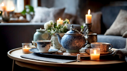 A Moment of Calm: The Simple Joys of a Cozy Living Room Still Life, Complete with Tea, Candles, and a Quiet Space for Reading and Napping in the Comfort of Your Home