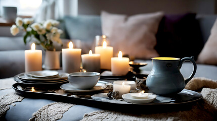 A Moment of Calm: The Simple Joys of a Cozy Living Room Still Life, Complete with Tea, Candles, and a Quiet Space for Reading and Napping in the Comfort of Your Home