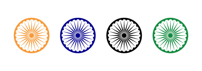 Ashoka chakra icon set in blue, orange, black and green color. Ashoka Chakra-symbol from the flag of India. Ashoka Wheel for Indian Independence Day. Flat design vector illustration.