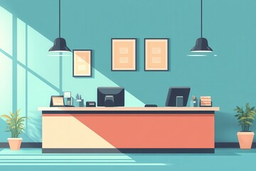 Illustration of a modern office reception desk featuring a minimalist design, with computers, plants, and wall art in a bright, airy space.
