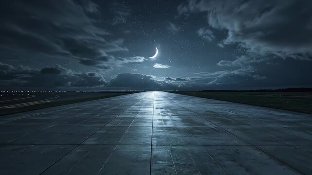Moonlit nighttime empty runway scene under starry sky