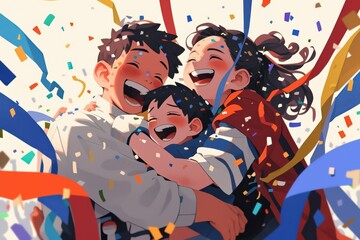 Obraz premium Three People Hugging and Laughing in Confetti Rain