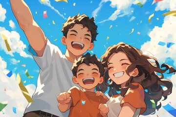 A Happy Family Under a Blue Sky with Confetti Raining Down