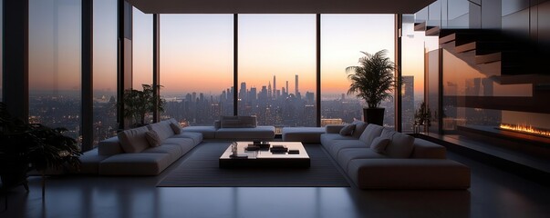 Fototapeta premium Modern living room with large windows, stylish furniture, and a city view