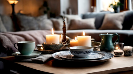 A Moment of Calm: The Simple Joys of a Cozy Living Room Still Life, Complete with Tea, Candles, and a Quiet Space for Reading and Napping in the Comfort of Your Home