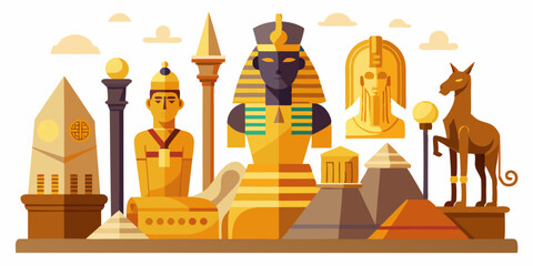 Egypt stone statue set, vector ancient rock ruin, pharaoh clay figurine, Egyptian gods silhouette, Osiris. Old civilization archaeology monument, temple object on white. Egypt tomb statue collection 