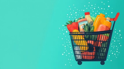 Illustration of a shopping cart packed with groceries, including vegetables and household items, set against a vibrant teal background, symbolizing grocery shopping.