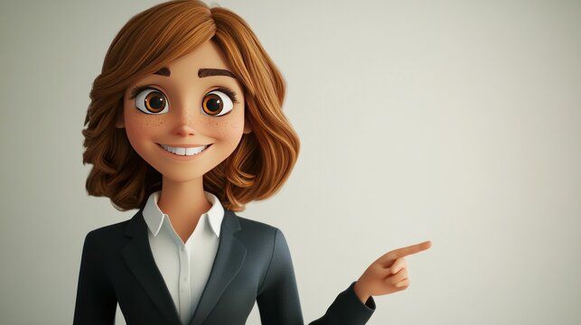 A cartoon woman with brown hair wearing a suit and a white shirt smiles and points to the right.