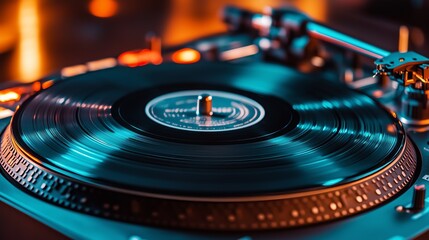 Dynamic close-up of a spinning vinyl record on a professional turntable with colorful lighting for a retro music vibe.