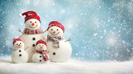 Snowman family in a winter wonderland on a blank white page