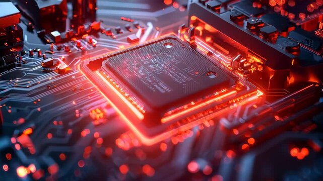 Glowing cpu chip with digital circuit board and red led lights