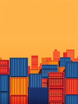 Abstract cityscape with colorful buildings on an orange background.