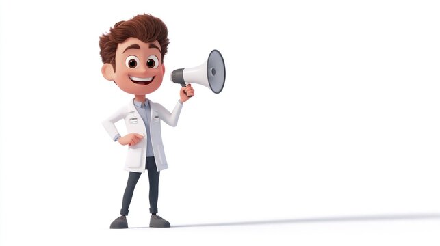 Cheerful cartoon doctor in a white coat holds a megaphone.