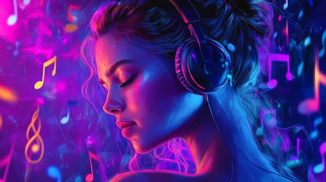 Side profile of a young woman wearing headphones, immersed in music, with a vibrant neon backdrop featuring music notes.