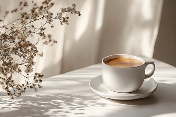 Obraz premium A minimalist and elegant composition of a steaming cup of coffee on a white table, with soft sunlight filtering through, creating a serene and calm atmosphere.