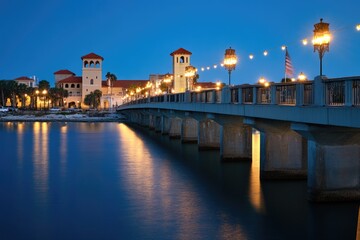 St. Augustine Night Skyline. Cityscape of St. Augustine, Florida, USA with Bridge of Lions