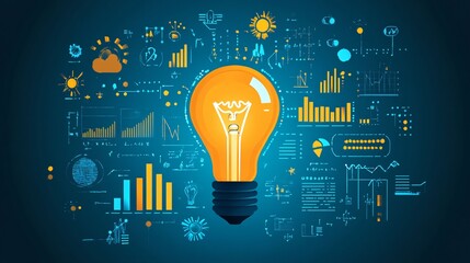 Illustration featuring a lightbulb surrounded by data charts and graphs, symbolizing data-driven innovation, technology, and analytical thinking.