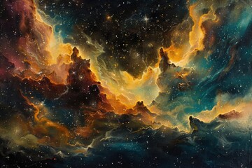 Fototapeta premium A Cosmic Landscape with Golden and Teal Nebulae