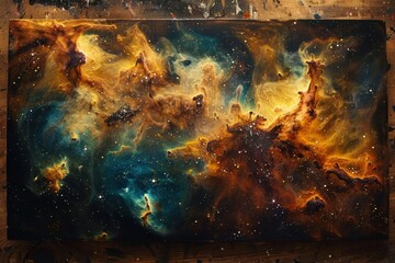 Cosmic Nebula Painting on a Wooden Surface