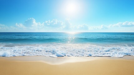 Fototapeta premium Sunlit Beach with Gentle Waves Under Clear Blue Sky - Perfect Summer Vacation Setting