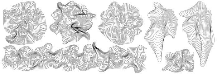 Set of backgrounds of geometric wireframe grid, waves. 3D abstract linear waves, patterns and cyberpunk elements in a trendy psychedelic rave style. 2000s Y2K retro-futuristic aesthetic. © Tetiana Kubara