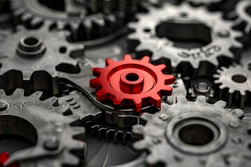 A red gear on top of a pile of metal gears