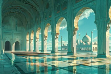 A Mosque Courtyard with Arched Pathways and a View of a White Mosque
