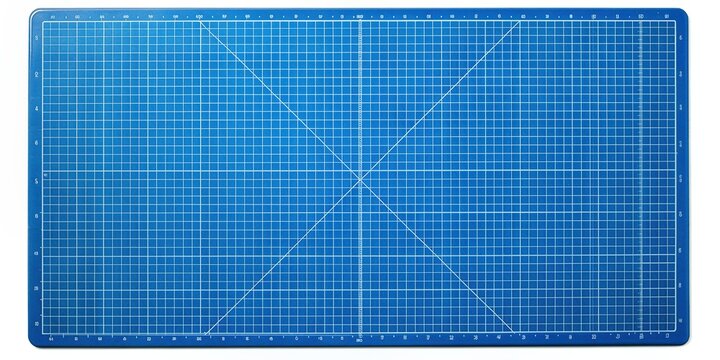 Blue self-healing cutting mat with grid pattern and measurement scale on a white background, ideal for DIY craft projects, graphic design, and precision cutting tasks.