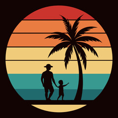 Retro vintage style sunset palm tree art vector illustration