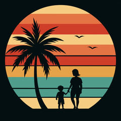 Retro vintage style sunset palm tree art vector illustration