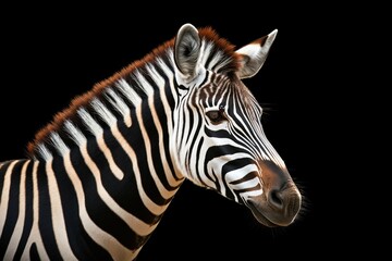 Photo of a zebra isolated against a black background, emphasising the zebra's majestic features. Wildlife and conservation concept, space for copy.