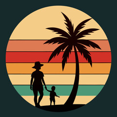 Retro vintage style sunset palm tree art vector illustration