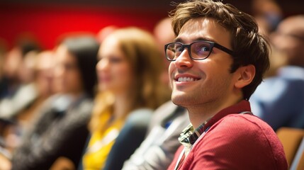 Young man in glasses smiling while watching a presentation at a conference, surrounded by an attentive audience.