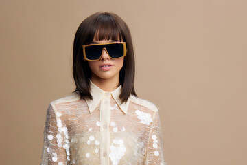 Woman, sequinned shirt, sunglasses, beige background, hand on hip, smiling a confident woman wearing a sparkling sequinned shirt and sunglasses stands against a beige background with her hand on her