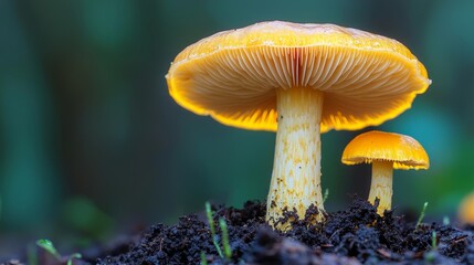 Golden-hued Cordyceps mushroom growing from the soil