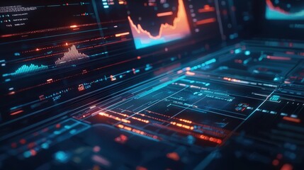 Fototapeta premium A computer screen with a lot of red and blue lines and numbers