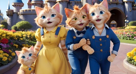 playful cartoon cats and kittens at the amusement park