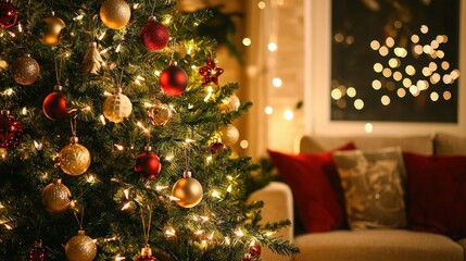 Festive Christmas tree adorned with ornaments and sparkling lights, creating a warm cozy atmosphere for the holiday season.