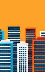 Minimalist cityscape illustration with colorful buildings against an orange background.
