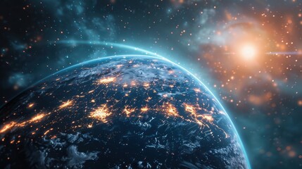 Obraz premium Earth from Space with City Lights and a Bright Star