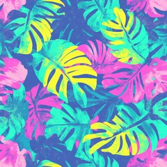 Vaporwave Seamless. Tropical Floral Texture in Aesthetic Style with Pink, Blue, Green and Yellow Hues