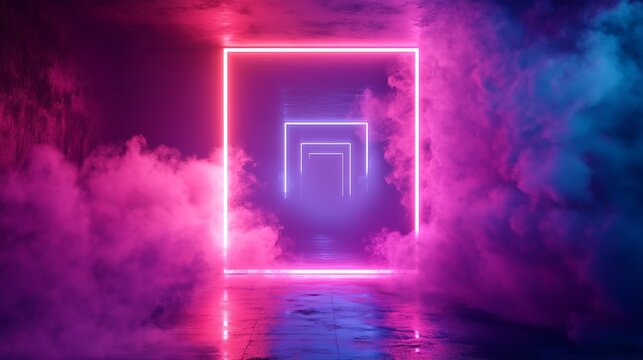 A futuristic tunnel illuminated by neon pink lights and filled with fog, creating a mysterious and surreal atmosphere with glowing frames leading into the distance.

