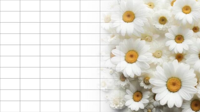 Margaridas em fundo branco quadriculado e espa&ccedil;o para texto, gerado com ia